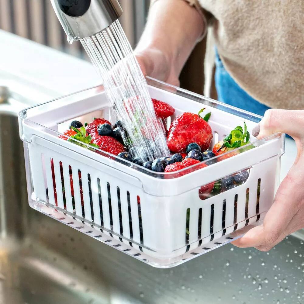 Alt View 8. OU - OU Fridge Organizer Bins with Drain Basket & Vented Lid, Clear Refrigerator Storage Bin, 4 Pack - Clear.
