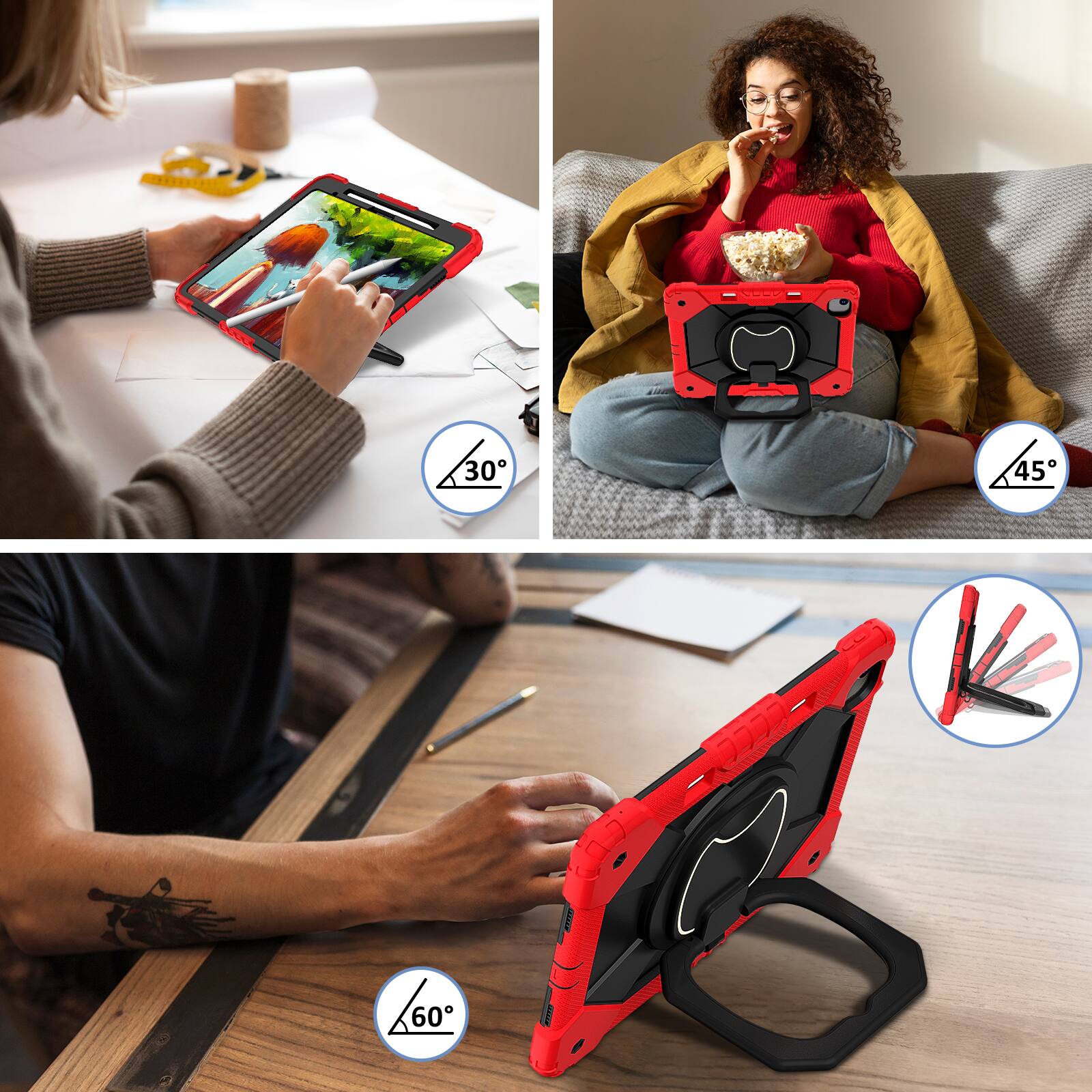 Left. Dteck - Case for Apple iPad Air 11-inch M4 (2026)/M3 (2025) / M2 (2024), 3-Layer Rugged Kickstand Handle Grip Cover+Strap - Red Black.