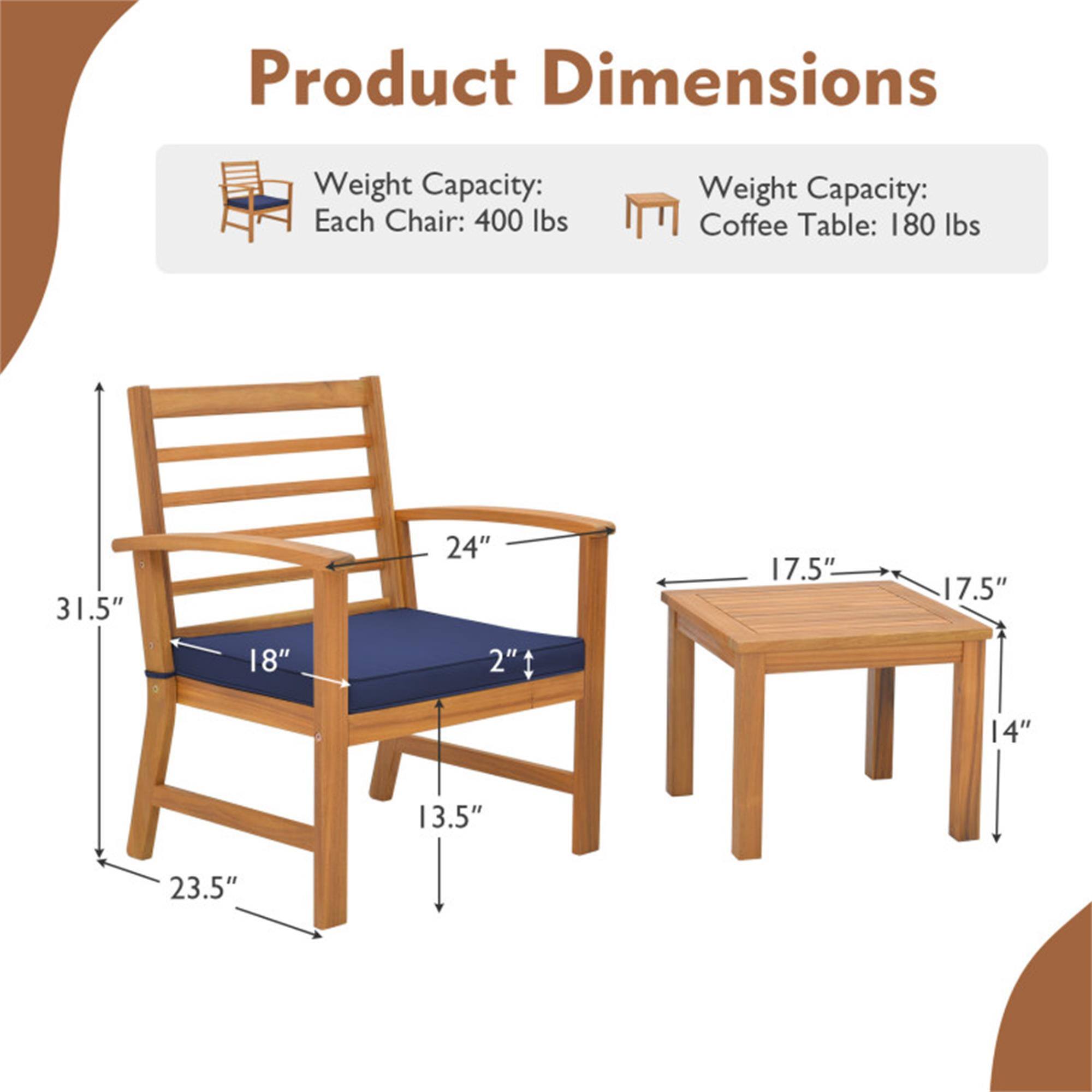 Product Dimensions

Weight Capacity: Each Chair: 400 lbs  
Weight Capacity: Coffee Table: 180 lbs

- Chair: 31.5" H x 18" W x 24" D  
  Seat Height: 13.5"  
  Seat Depth: 18"  
  Back Height: 23.5"  
  Seat Thickness: 2"

- Coffee Table: 17.5" W x 17.5" D x 14" H