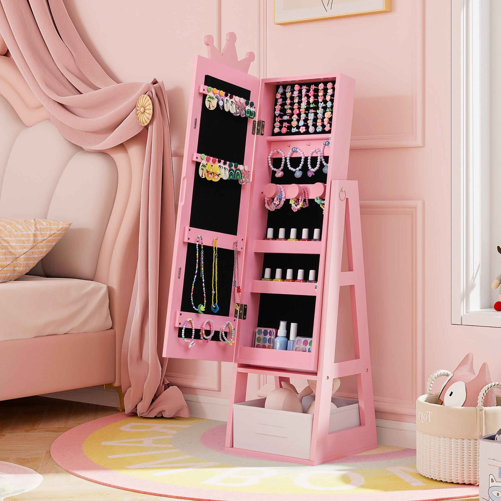 Alt View 1. Gymax - Gymax Kids Jewelry Cabinet w/ Full-Length Mirror Foldable Drawer Anti-toppling System - Pink.