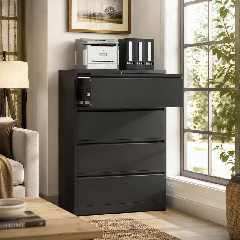 Angle. RYHNUYNE - 4 Drawer Lateral File Cabinet 35 Inch Wide Metal Filing Cabinet for Home Office.