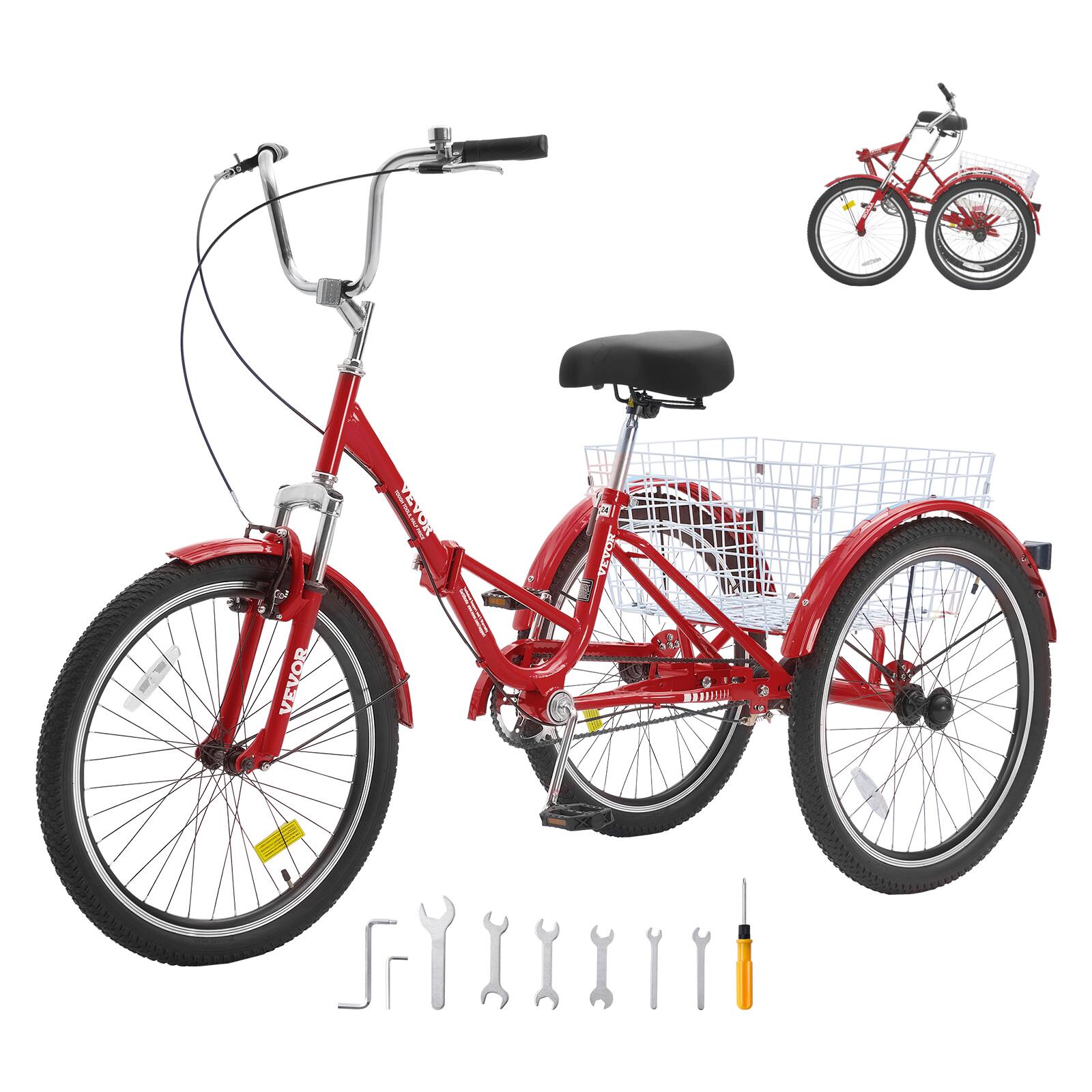 VEVOR - olding Adult Tricycle, 24-Inch Adult Folding Trikes, Carbon Steel 3 Wheel Cruiser Bike with Large Basket - Red