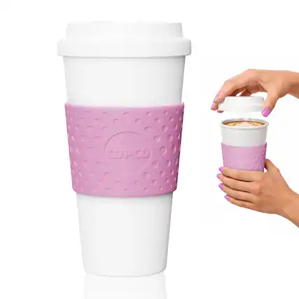 Front. Copco - Copco Acadia 16 oz Insulated Travel Mug, Double-Walled Plastic, Spill-Resistant Lid, BPA-Free - Bubble Gum.