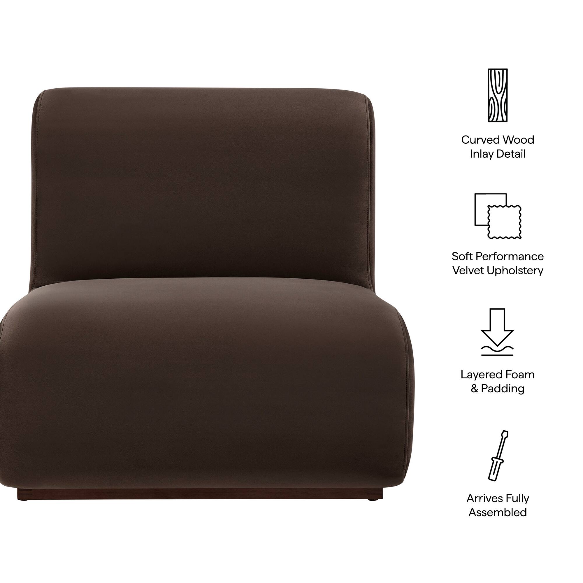 Curved Wood Inlay Detail  
Soft Performance Velvet Upholstery  
Layered Foam & Padding  
Arrives Fully Assembled