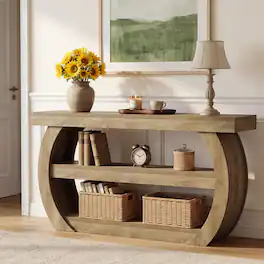 Tribesigns - Farmhouse Console Table, 3-Tier Wooden Entryway Table with Storage Shelves, 63-Inch Long Rectangular Sofa Console Behind - Light Brown