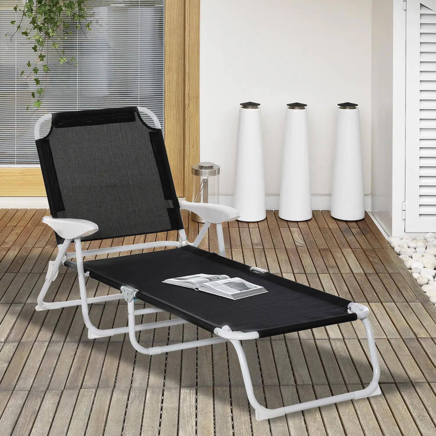 Left. Resenkos - Resenkos Folding Lounge Chair, Portable Outdoor Chaise Lounge, Sun Tanning Chair With 4-Position Reclining Back, Black - Black.