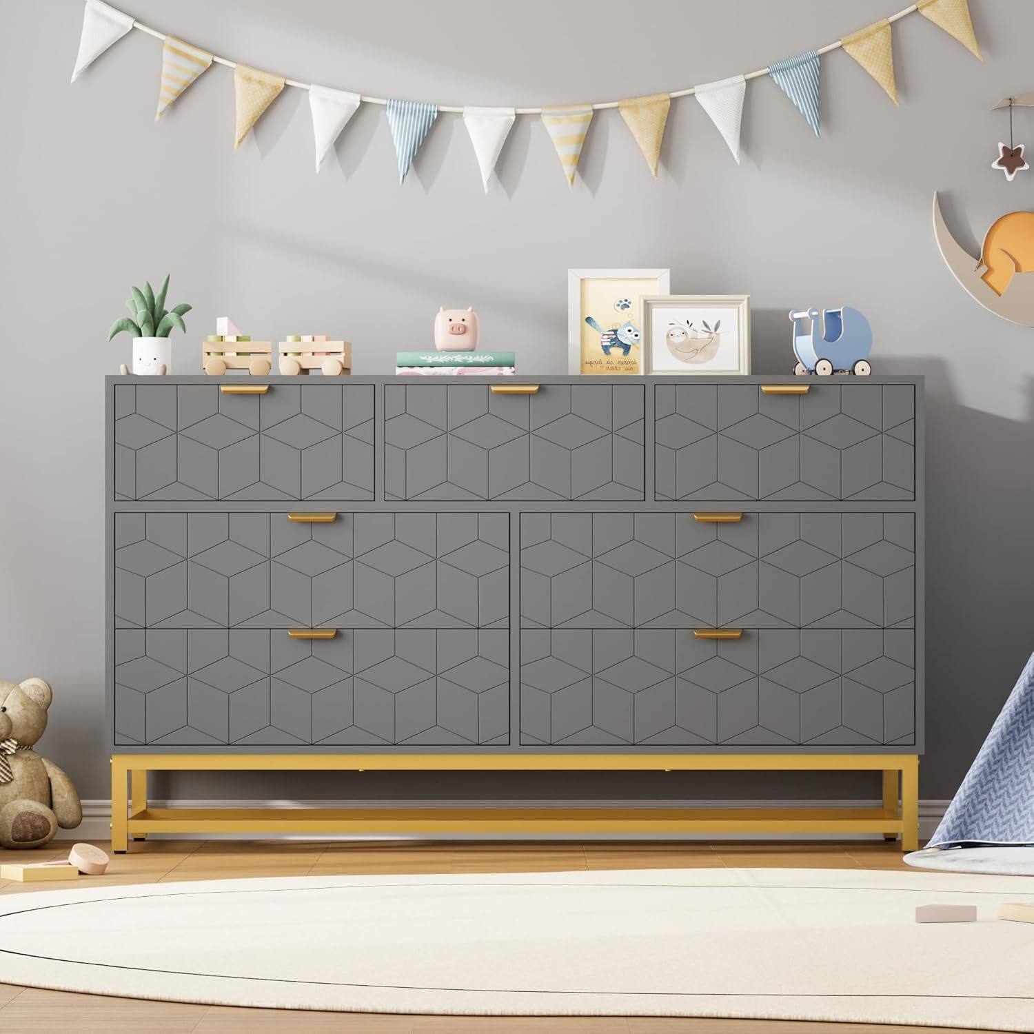 Front. Homhougo - Grey 53.5" Wide 7-Drawer Dresser, Gold Accents, TV Stand or Closet Storage - Grey.