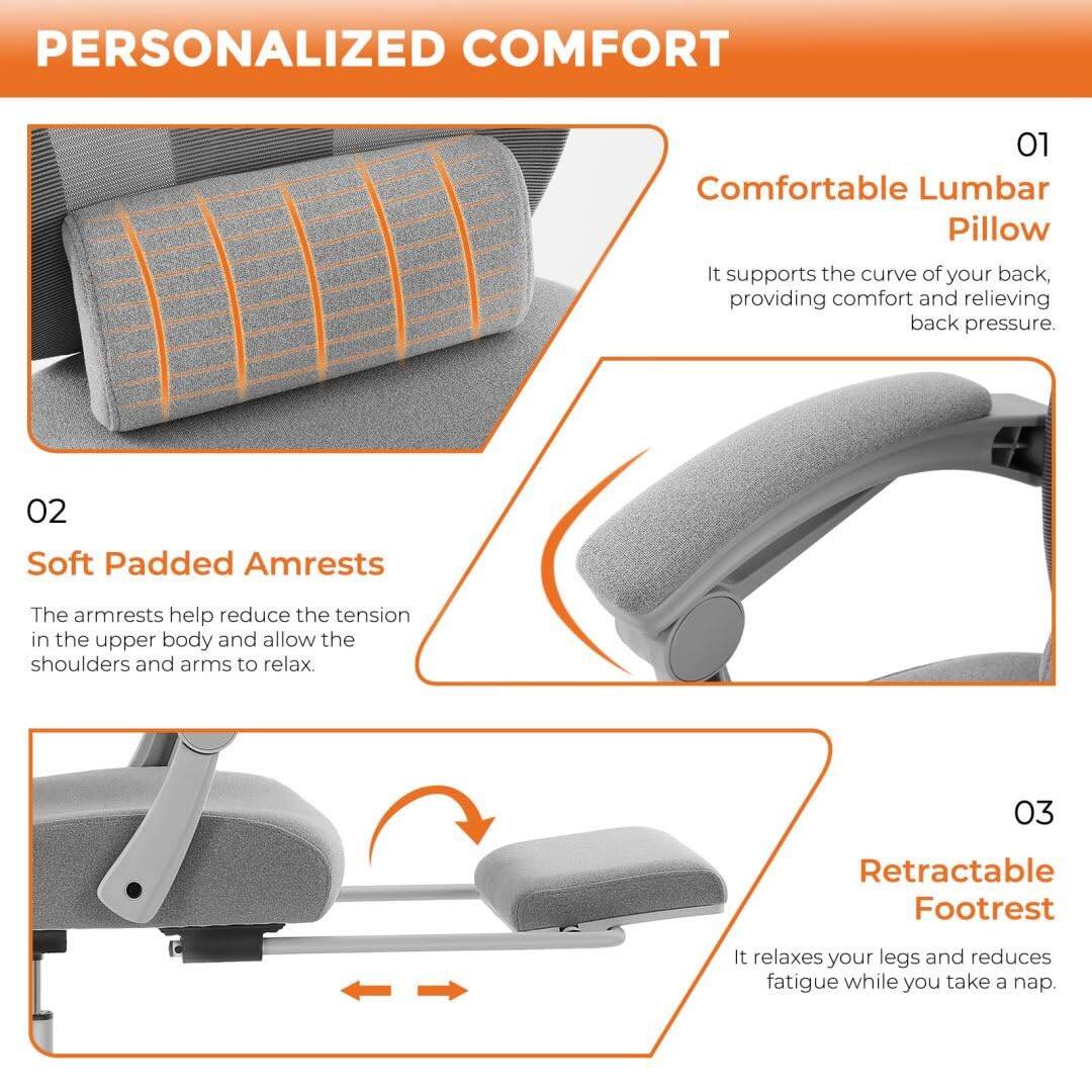 PERSONALIZED COMFORT

01 Comfortable Lumbar Pillow  
It supports the curve of your back, providing comfort and relieving back pressure.

02 Soft Padded Armrests  
The armrests help reduce the tension in the upper body and allow the shoulders and arms to relax.

03 Retractable Footrest  
It relaxes your legs and reduces fatigue while you take a nap.