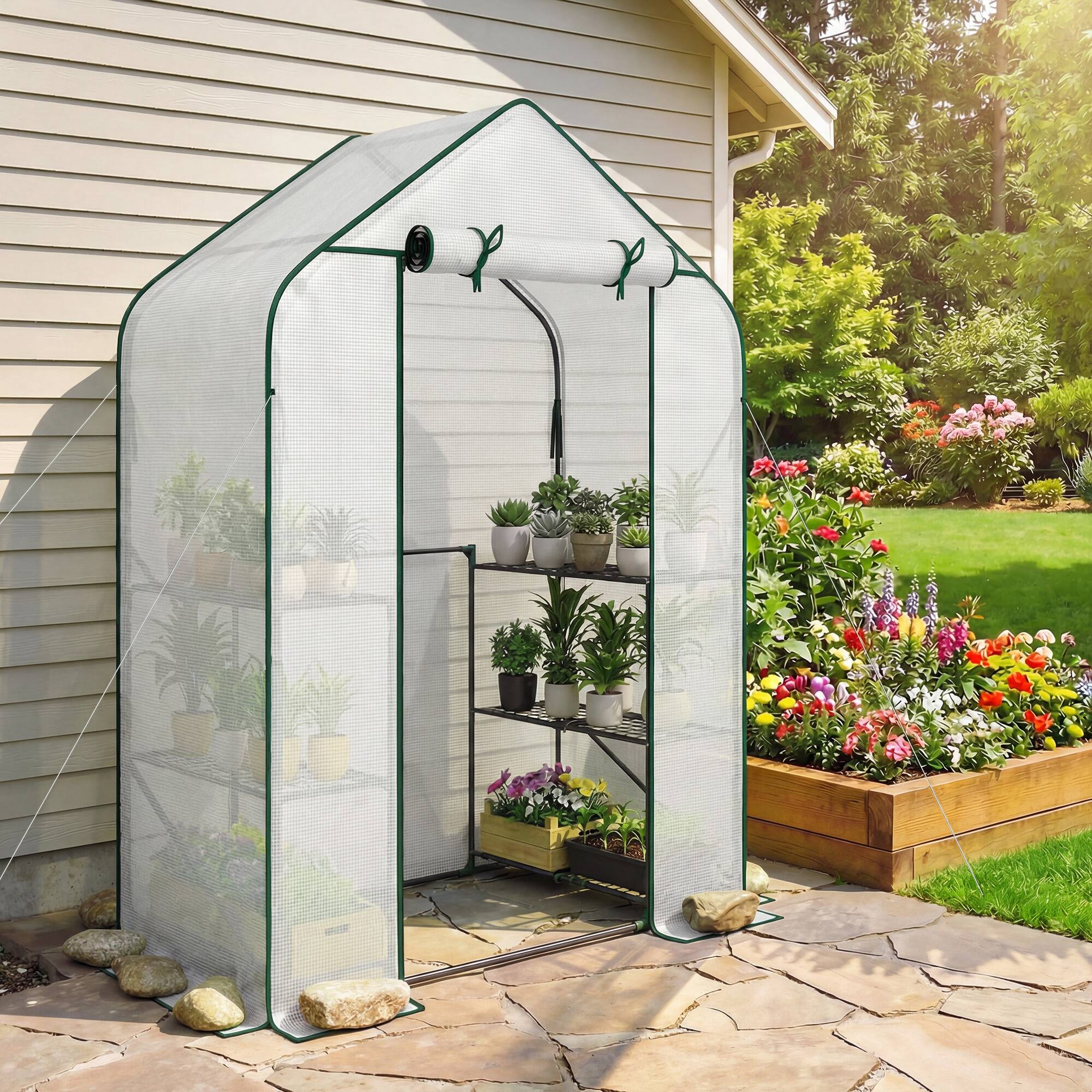 Alt View 8. Outsunny - for Outdoors, Portable Greenhouse with 6 Shelves, UV-Resistant PE Cover - White.