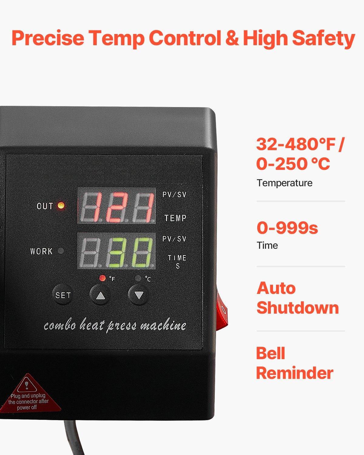 Precise Temp Control & High Safety

PV/SV OUT 82.8 TEMP PV/SV WORK 8.80 TIME T S *F C SET combo heat press machine

32-480°F / 0-250°C Temperature

0-999s Time

Auto Shutdown

Bell Reminder

Plug and unplug the connector after power off