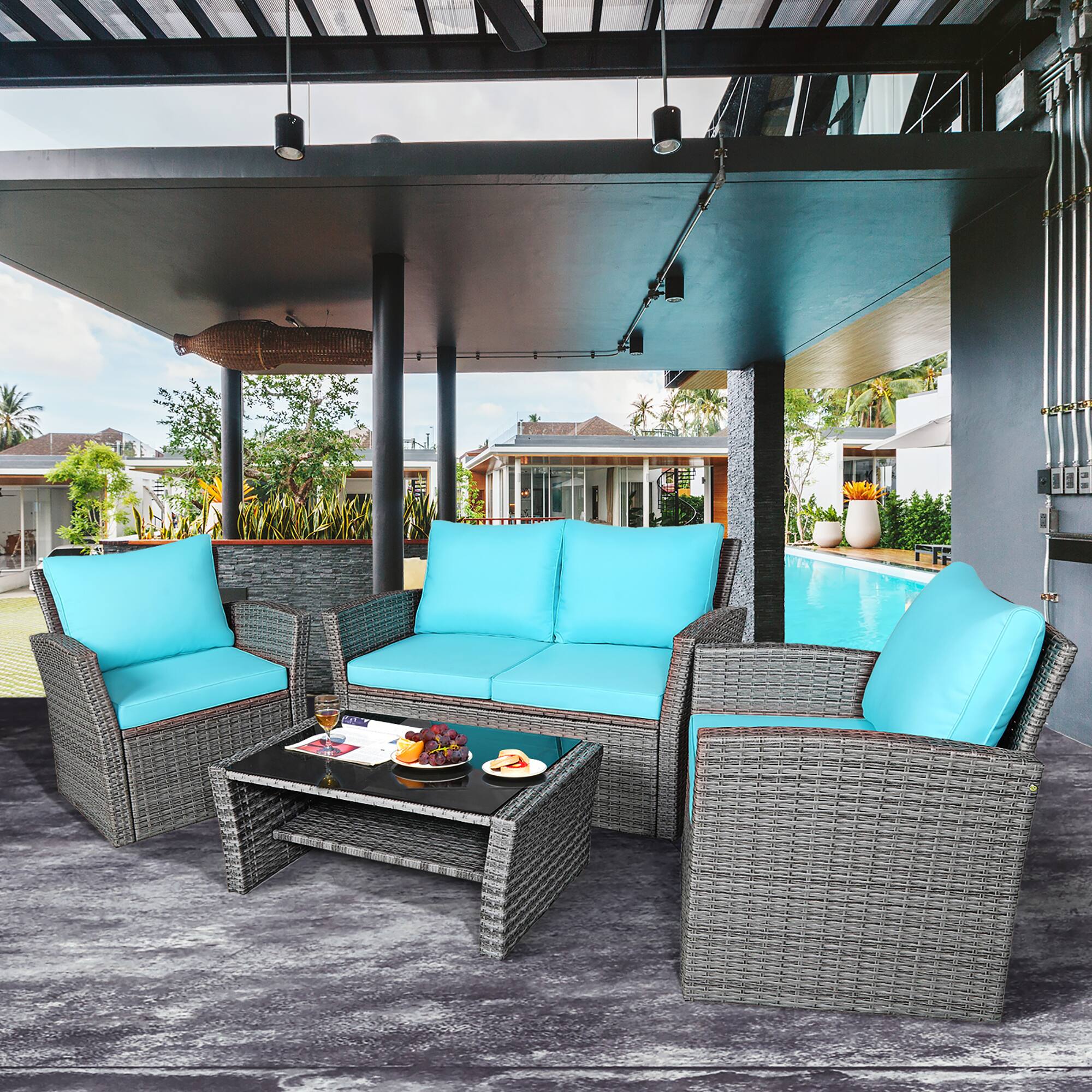 Alt View 2. Costway - Costway 4PCS Patio Rattan Furniture Set Sofa Table W/Storage Shelf - Turquoise.