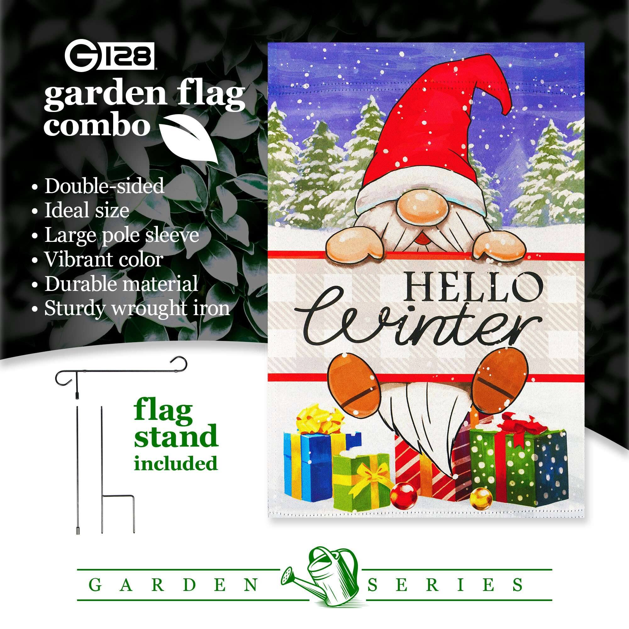 GI28 garden flag combo  
- Double-sided  
- Ideal size  
- Large pole sleeve  
- Vibrant color  
- Durable material  
- Sturdy wrought iron  
- HELLO  
- Winter  
- Garden Series  
- Flag stand included
