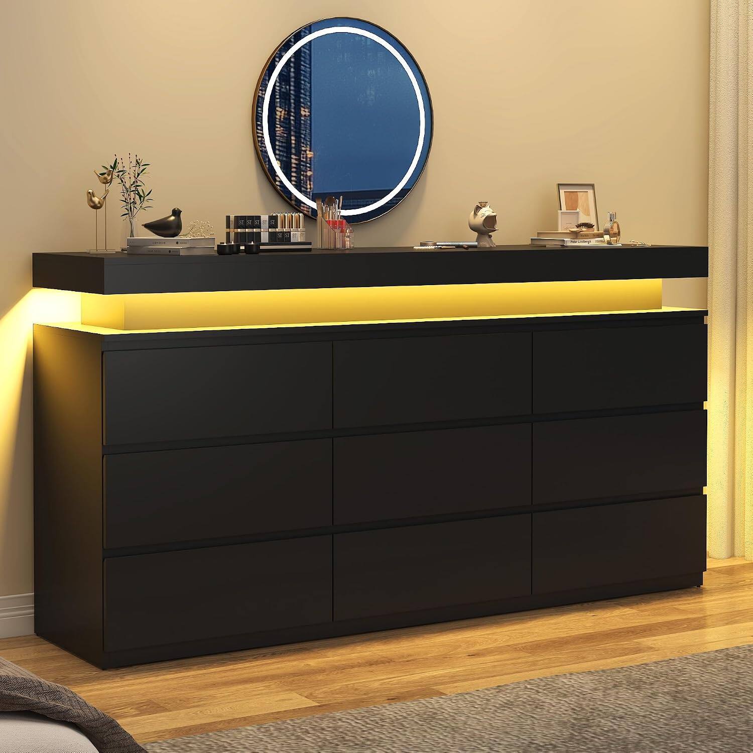Angle. Espafurni - 63"LED Dresser with 9 Drawers for Bedroom, Closet & Living Room - Black.