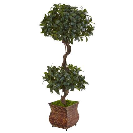 Front. BreeBe - 4.5' Sweet Bay Double Topiary Tree in Metal Planter - Green.