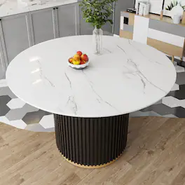 Loheer - 46-Inch Round Faux Marble Dining Table with Black Fluted Metal Base for Four to Six - White, Black, Gold