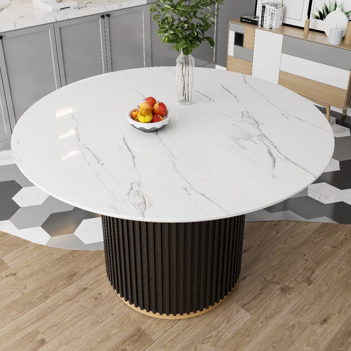 Front. Loheer - Loheer 46-Inch Round Faux Marble Dining Table with Black Fluted Metal Base for Four to Six - White, Black, Gold.