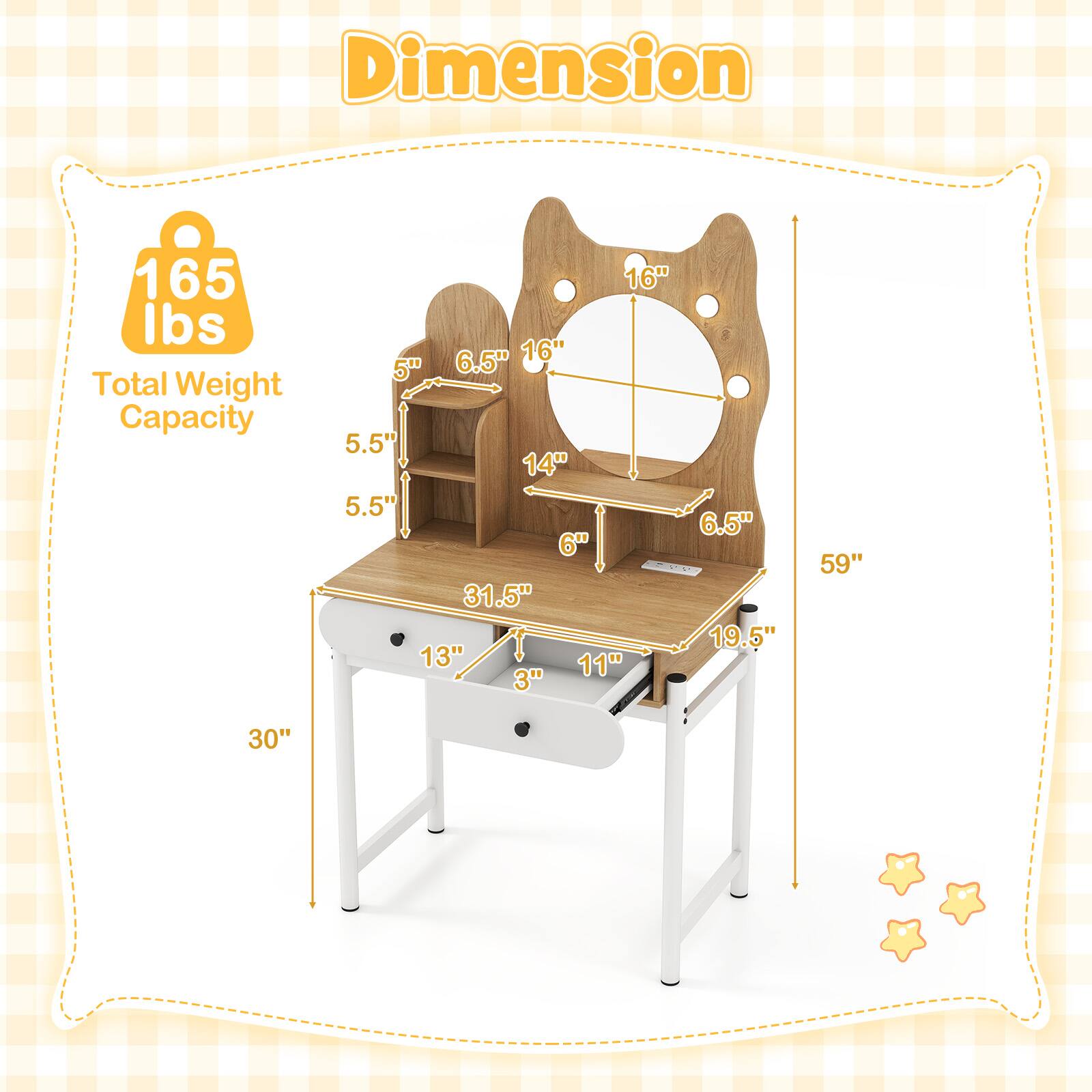 Dimension  
165 lbs Total Weight Capacity  

16"  
16"  
5"  
6.5"  
5.5"  
14"  
5.5"  
6"  
31.5"  
13"  
11"  
3"  
6.5"  
19.5"  
59"  
30"