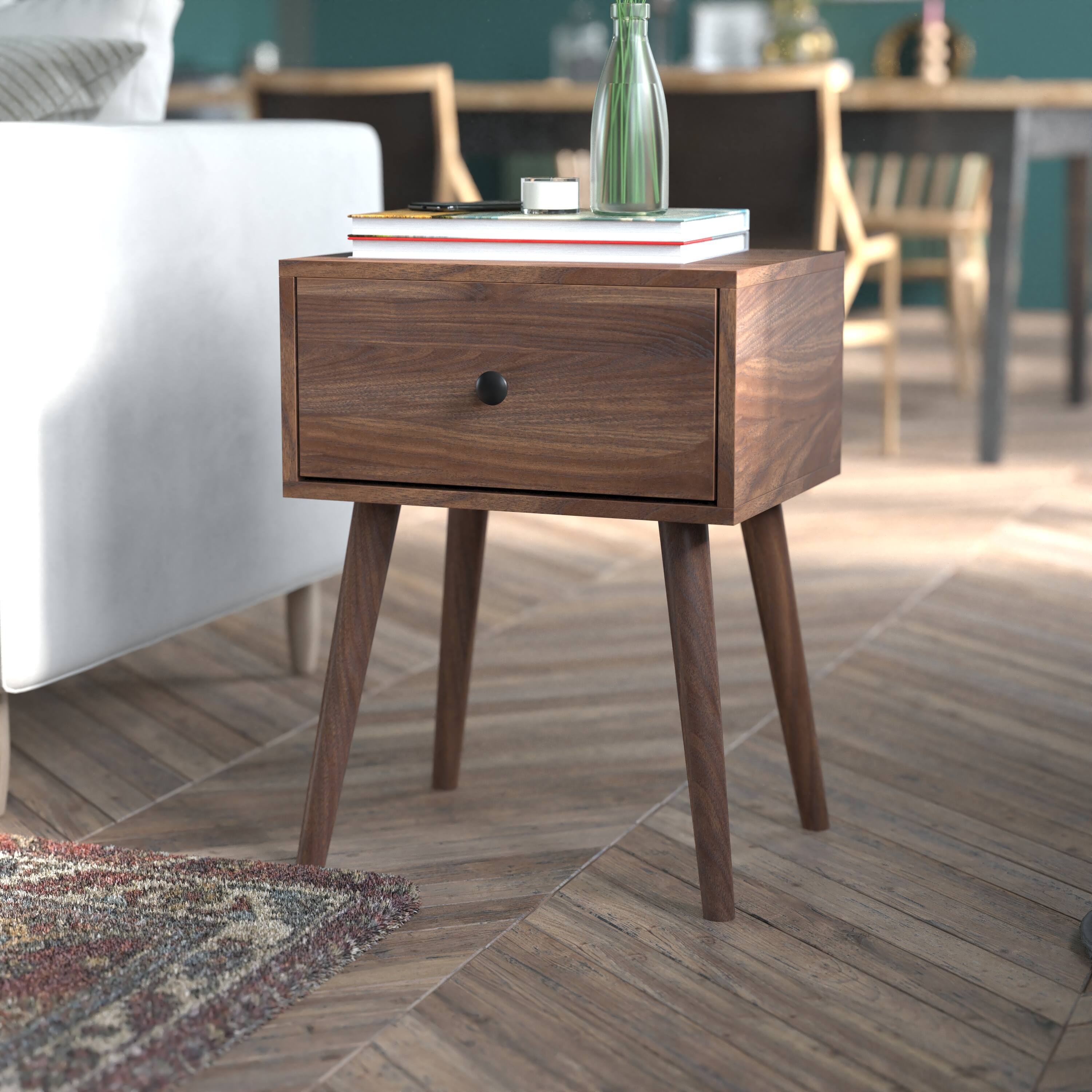 Alt View 3. Emma + Oliver - Beverly Mid-Century Modern Wooden Night Stand with Soft Close Drawer and Sleek Tapered Legs with Protective Floor Glides - Dark Walnut.