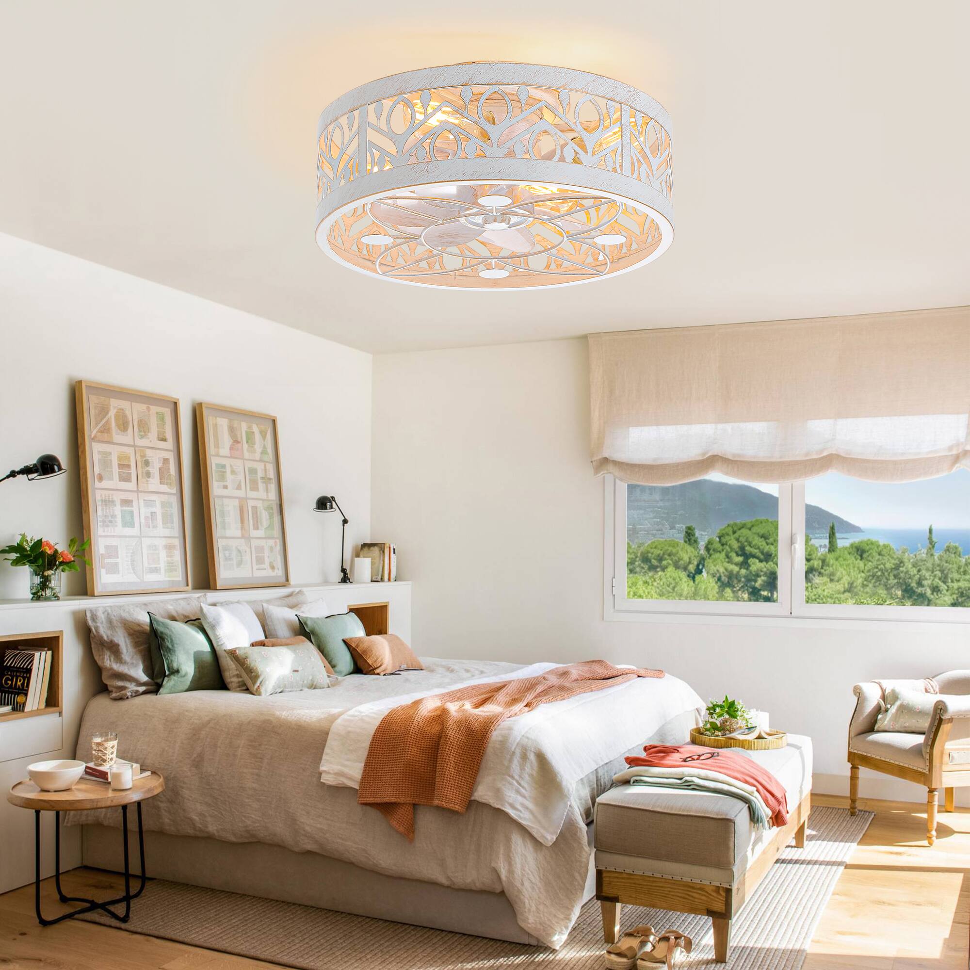 Back. Breezary - 16.5'' Indoor Caged Ceiling Fan with  7-Blade, Reversible DC Motor, 6-Speed Remote Control，1-8H Timer - Distressed White and Gold.