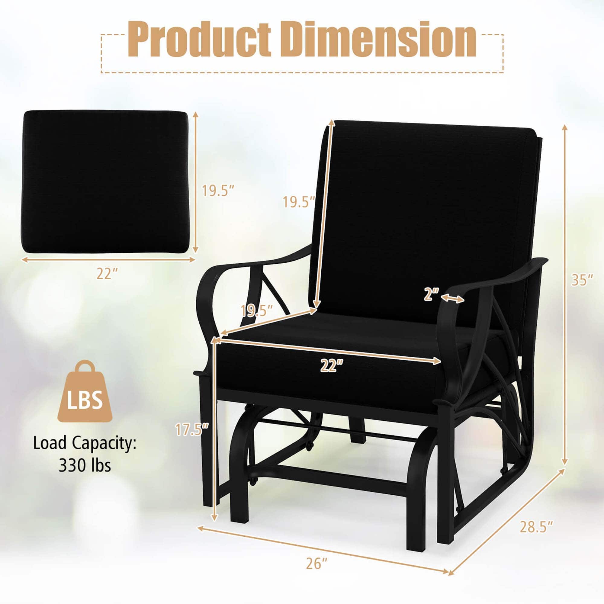 Product Dimension: 19.5" x 19.5" x 22" x 19.5" x 2" x 35" LBS Load Capacity: 330 lbs.