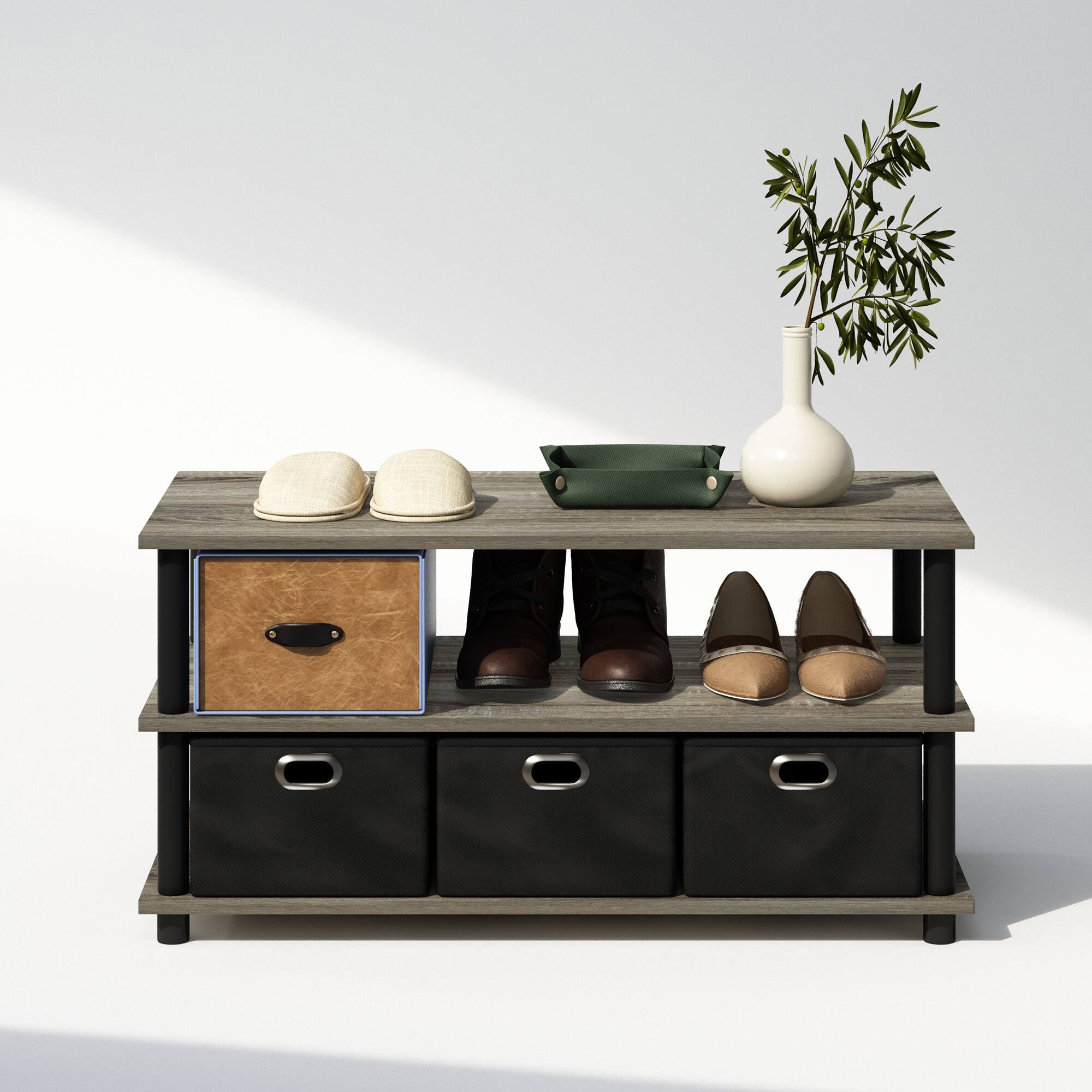 Alt View 4. Furinno - Turn-N-Tube Multipurpose Compact Open Storage Shoe Rack, Shoe Shelf Organizer with Bin Drawers - French Oak/Black/Black.