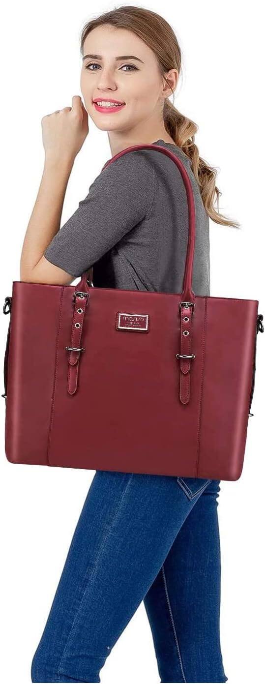 Angle. mosiso - Waterproof PU Leather Laptop Bag for Women 17.3 Inch, Vintage Briefcase Shoulder Tote Computer Bag for Work & Office - Wine Red.