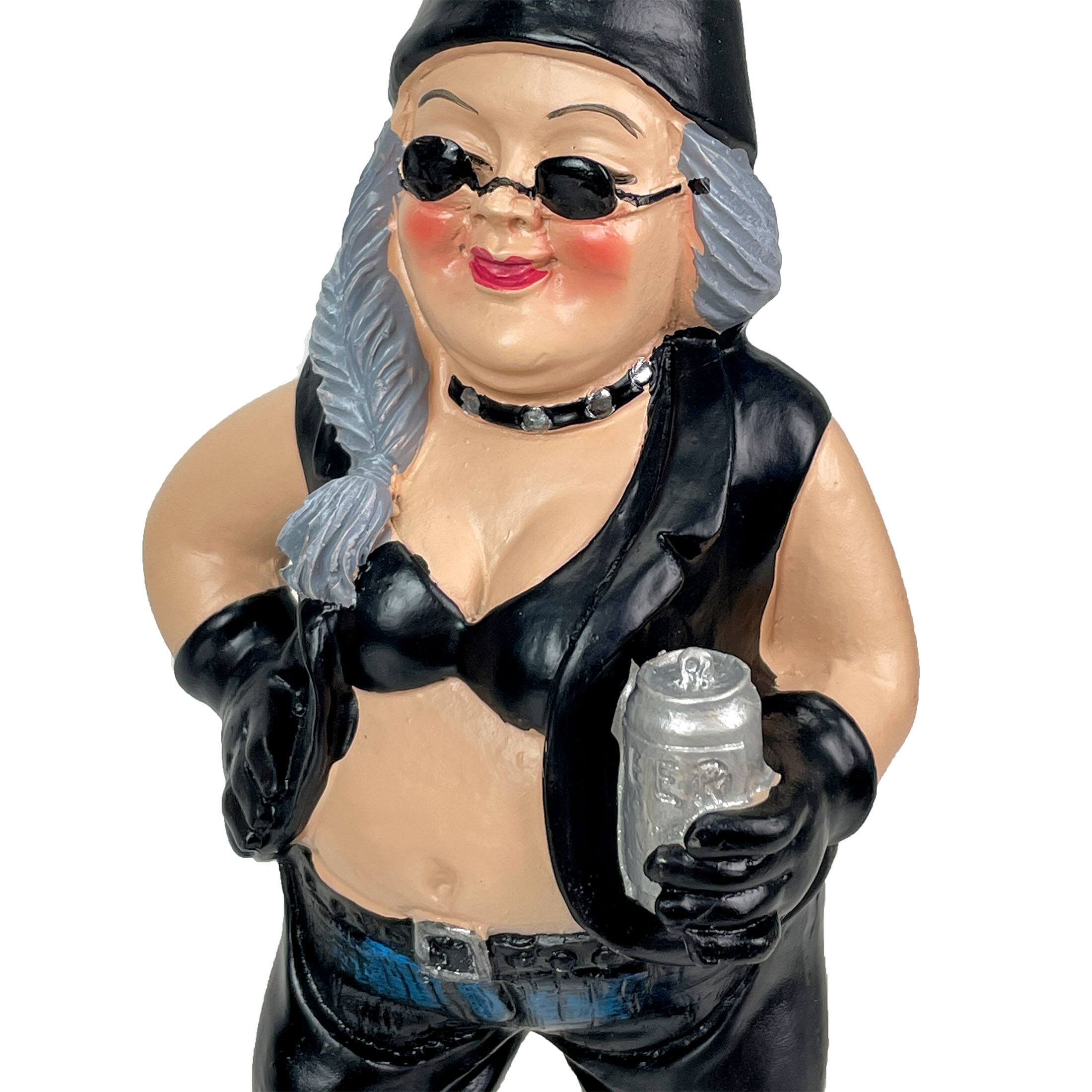 Alt View 2. Zeckos - Gnoschitt and Gnofun Thirsty Biker Garden Gnome Statues 7.5 Inches High - Black.