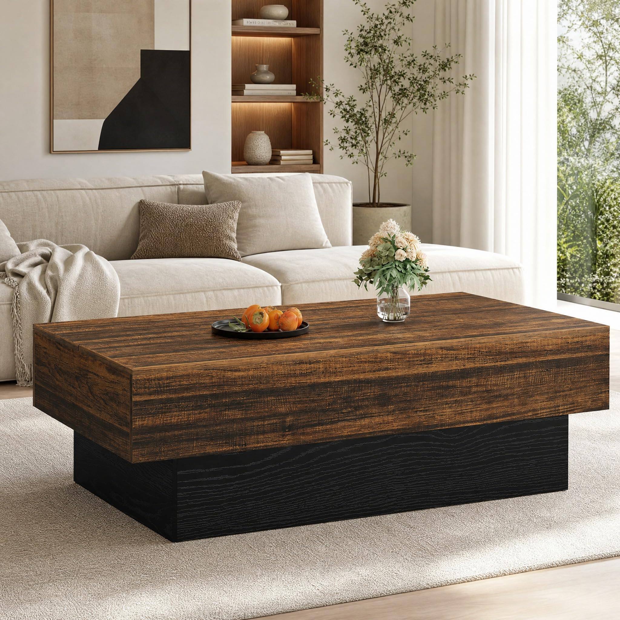 Alt View 3. Tribesigns - 55" Large Rectangle Coffee Table for Living Room - Brown & Black.