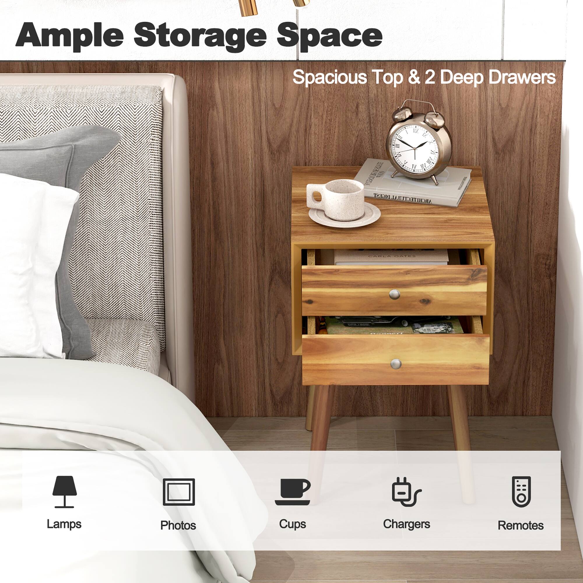 Ample Storage Space: Spacious Top & 2 Deep Drawers

- Lamps
- Photos
- Cups
- Chargers
- Remotes