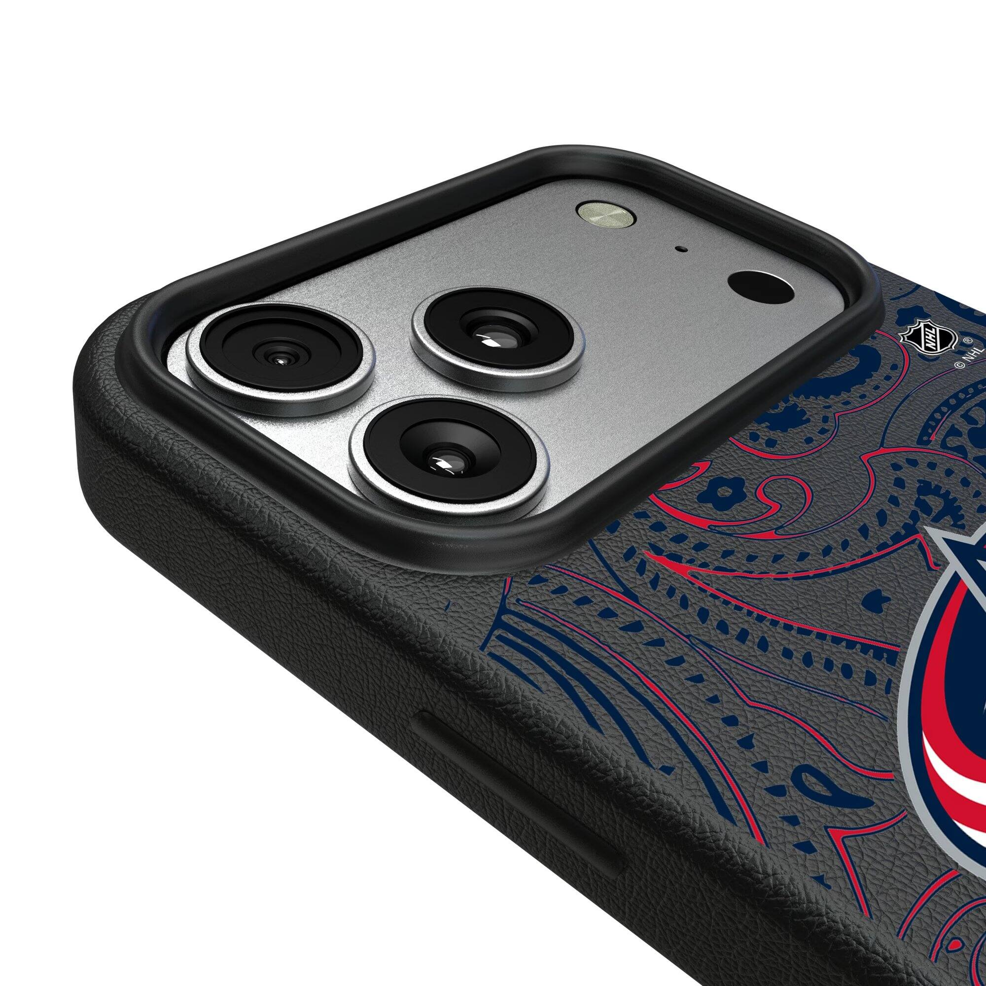 Alt View 2. Keyscaper - Black Columbus Blue Jackets Paisley iPhone Magnetic Bump Case - 17 Pro - Black.
