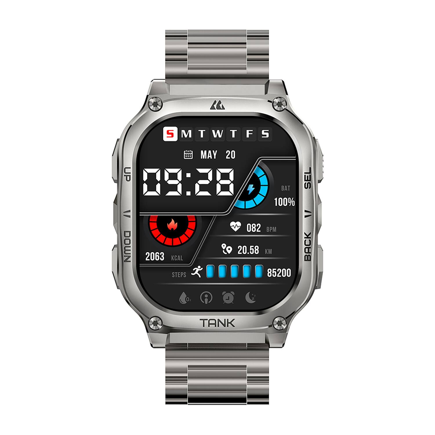 S MTWTFS  
MAY 20  
09:28  
BAT 100%  
V 082 BPM  
2063 KCAL  
20.58 KM  
85200 STEPS  
SEL  
BACK  
TANK