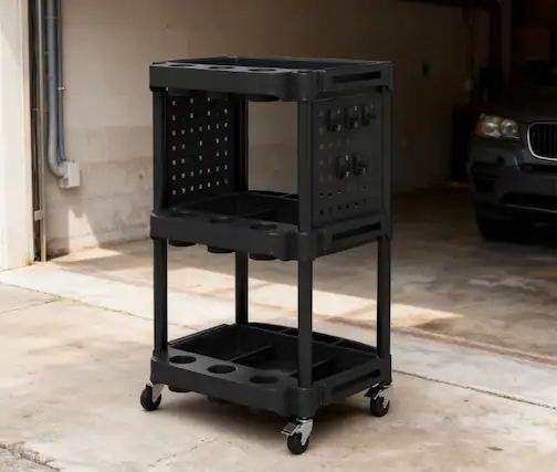 Front. HOMLUX - 22.20 in. W 3-Tier Rolling Tool Cart Capacity Plastic Utility Cart with Side Shelves for Garage, Workshop - Black.