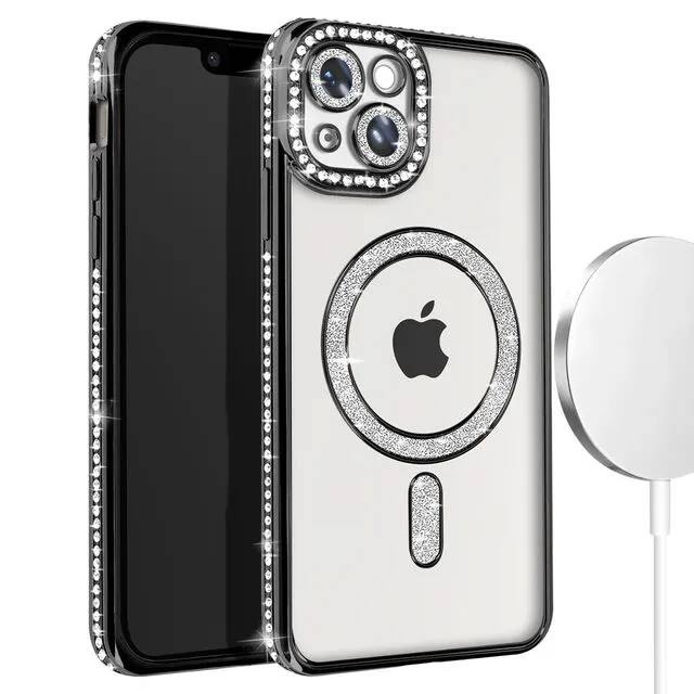 Front. Entronix - Entronix Magnetic iPhone 14 Case with Clear Back and Luxury Rhinestones - Black.