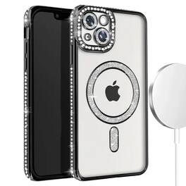 Entronix - Magnetic iPhone 14 Case with Clear Back and Luxury Rhinestones - Black