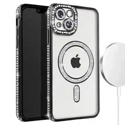 Front. Entronix - Entronix Magnetic iPhone 14 Case with Clear Back and Luxury Rhinestones - Black.
