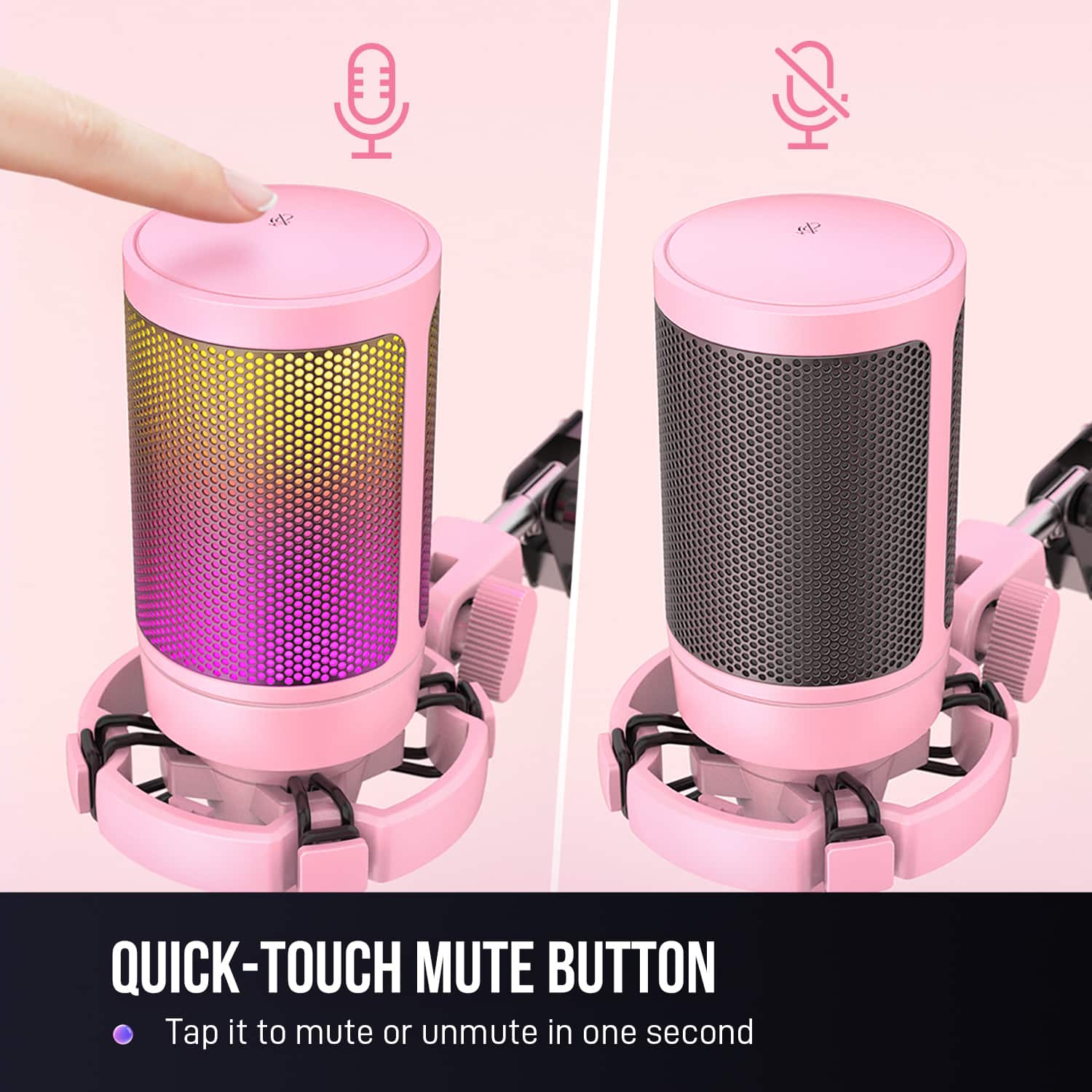 The image features a pink speaker with a quick-touch mute button. The button allows users to mute or unmute the speaker in just one second by simply tapping it. The speaker is designed to be user-friendly and convenient, making it a great addition to any room.