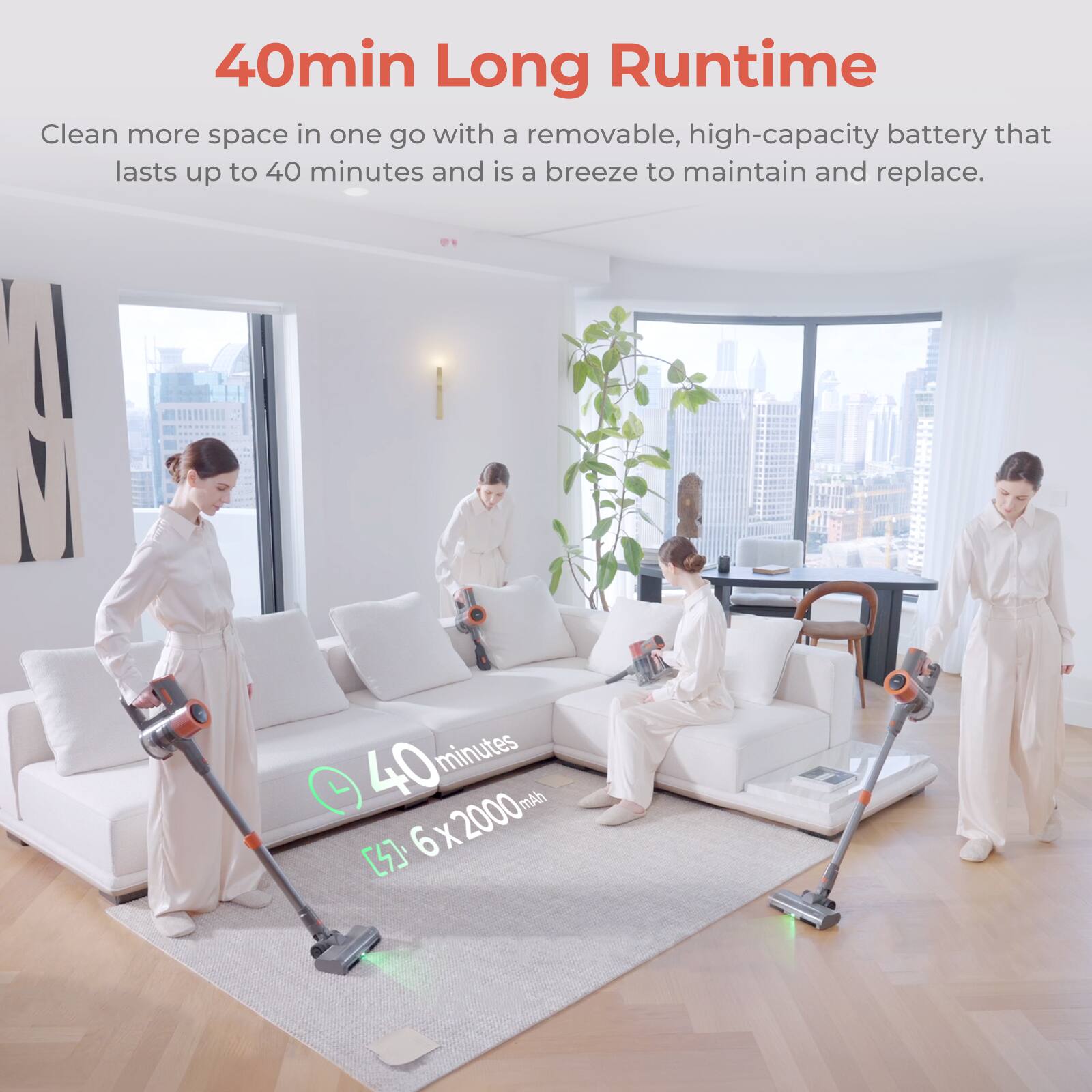 40-Min Long Runtime: Clean more space in one go with a removable, high-capacity battery that lasts up to 40 minutes and is a breeze to maintain and replace.