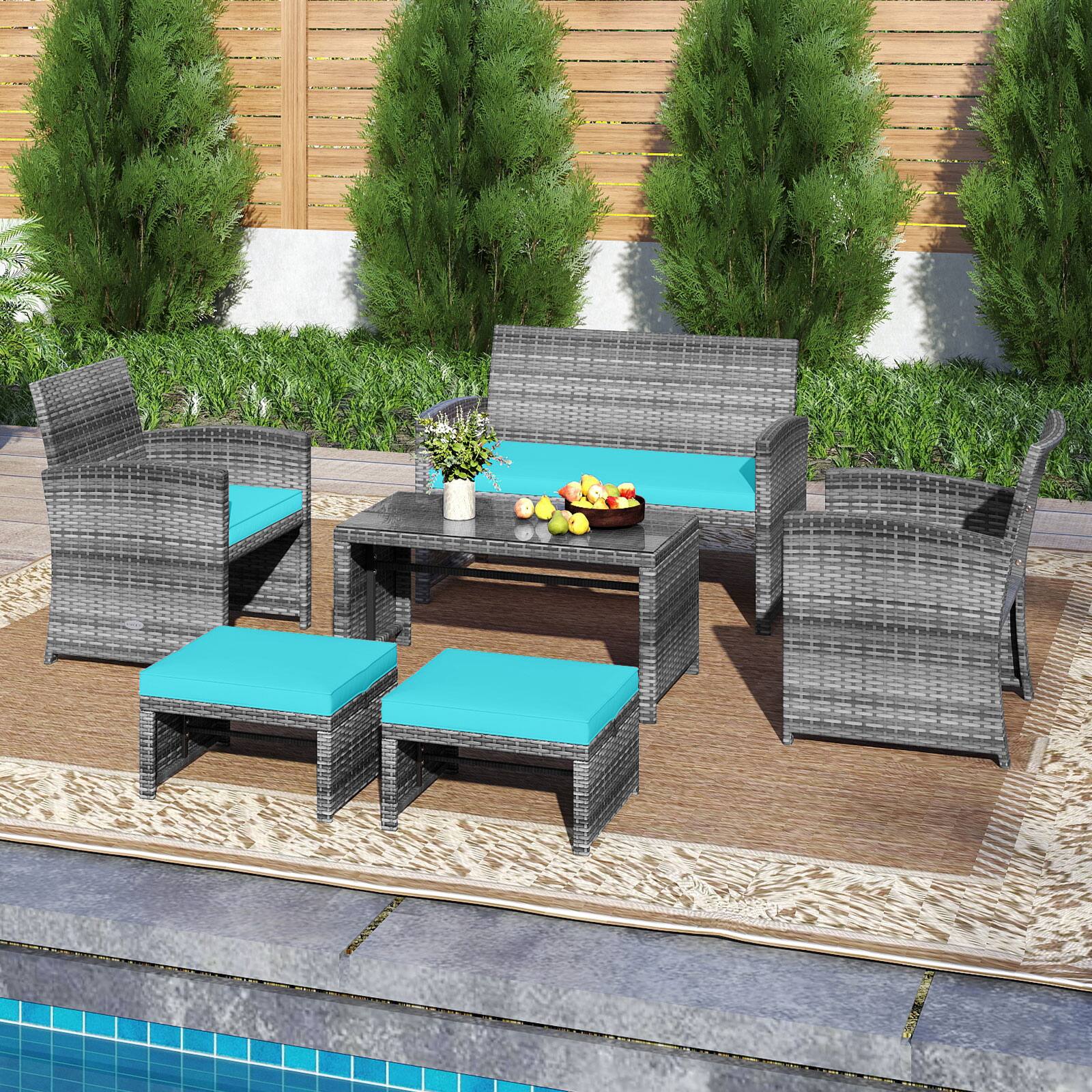Alt View 4. Costway - Costway 6PCS Patio Furniture Set Outdoor Sectional Conversation PE Rattan Sofa Set - Mix Brown,Turquoise.