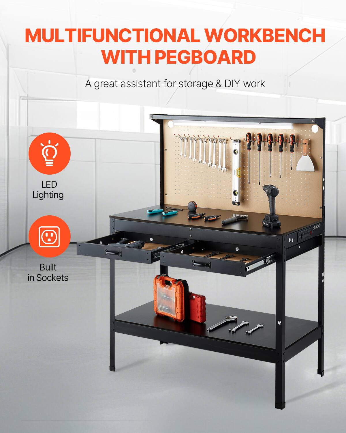MULTIFUNCTIONAL WORKBENCH WITH PEGBOARD
A great assistant for storage & DIY work
LED Lighting
Built in Sockets