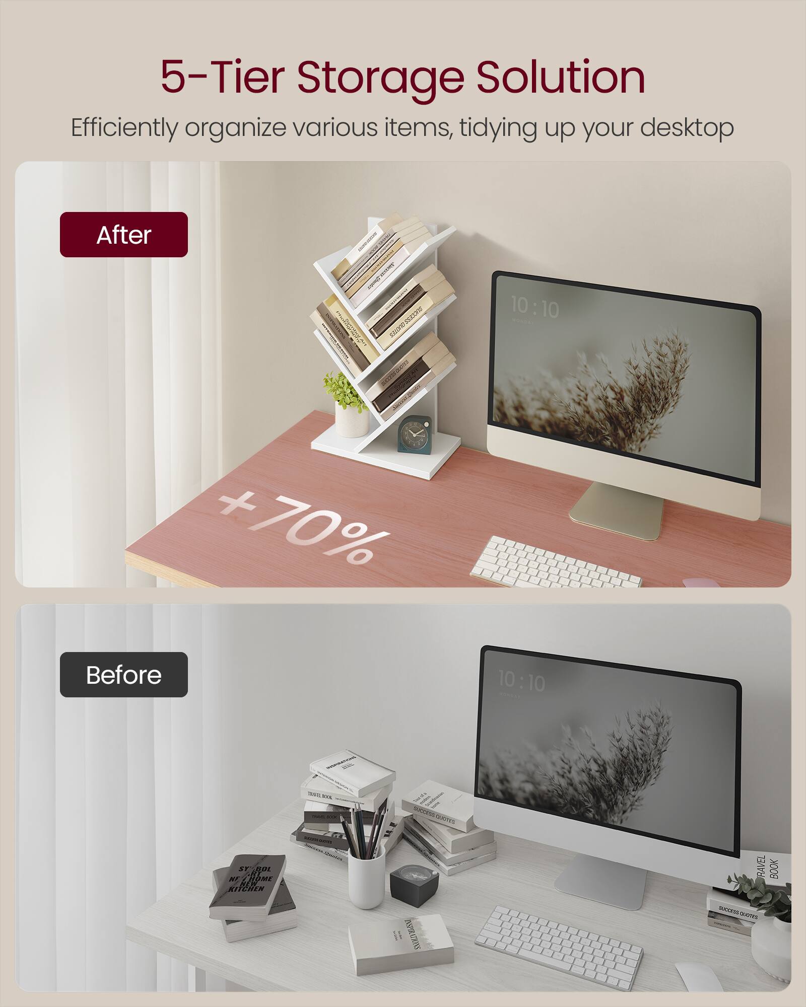 5-Tier Storage Solution  
Efficiently organize various items, tidying up your desktop  

After  
+70%  

Before