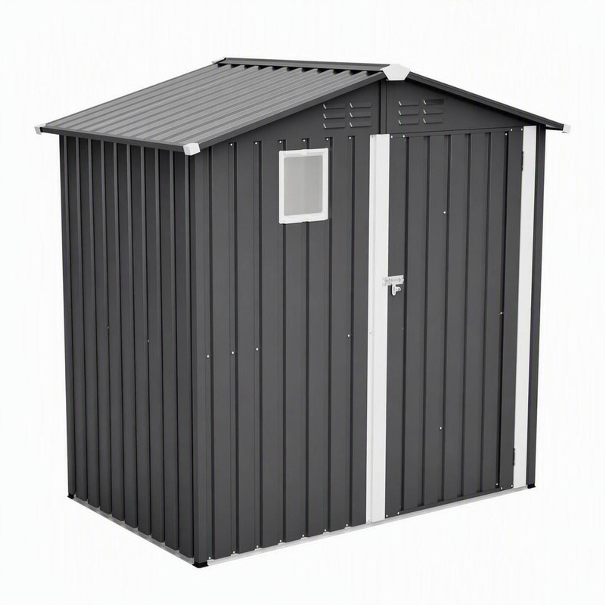 Front. RYHNUYNE - 6x4 ft Metal Shed Lockable Door Light-View Window Rust-Resistant Steel Cabinet - Gray.