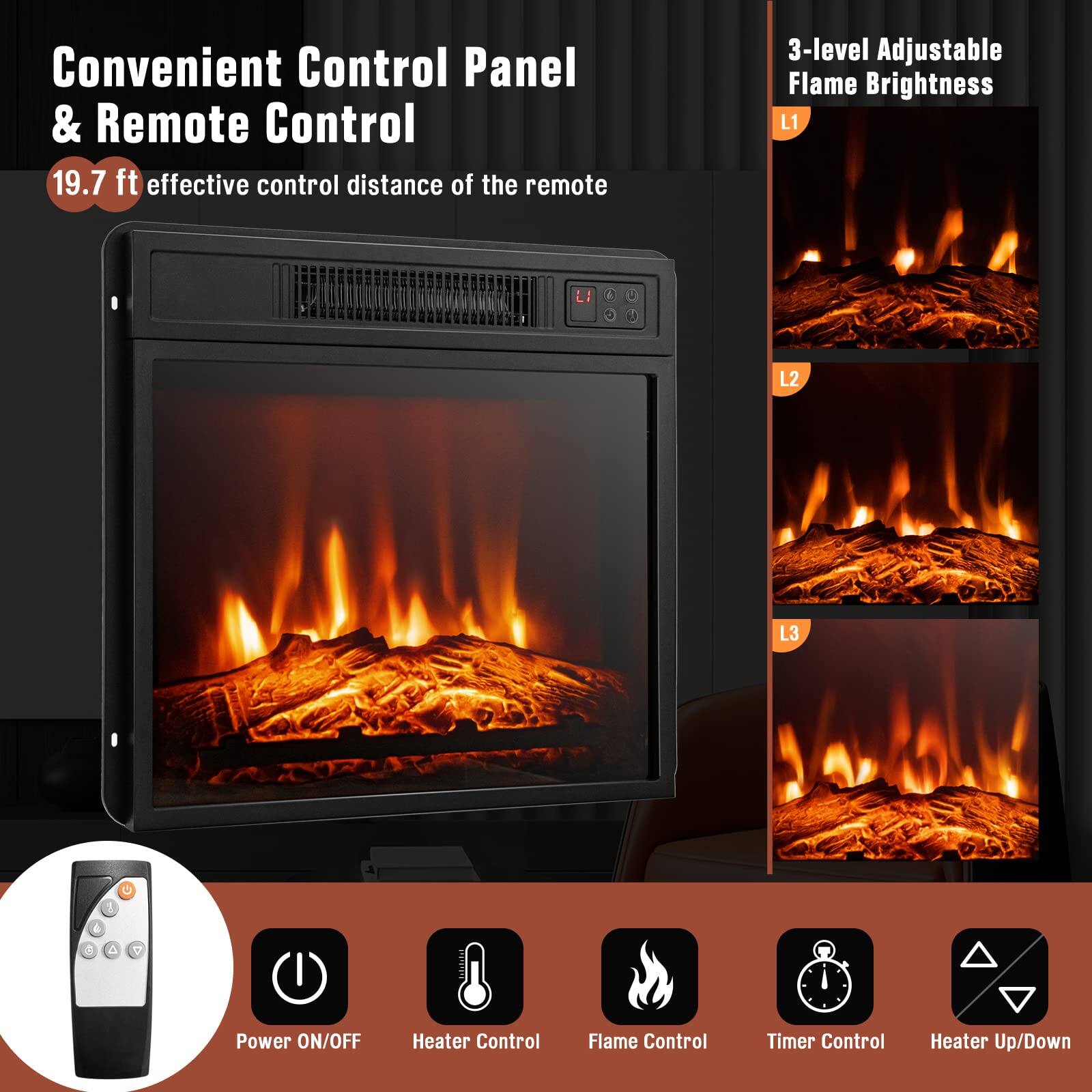 Convenient Control Panel & Remote Control  
19.7 ft effective control distance of the remote  

3-level Adjustable Flame Brightness  
L1  
L2  
L3  

Power ON/OFF  
Heater Control  
Flame Control  
Timer Control  
Heater Up/Down