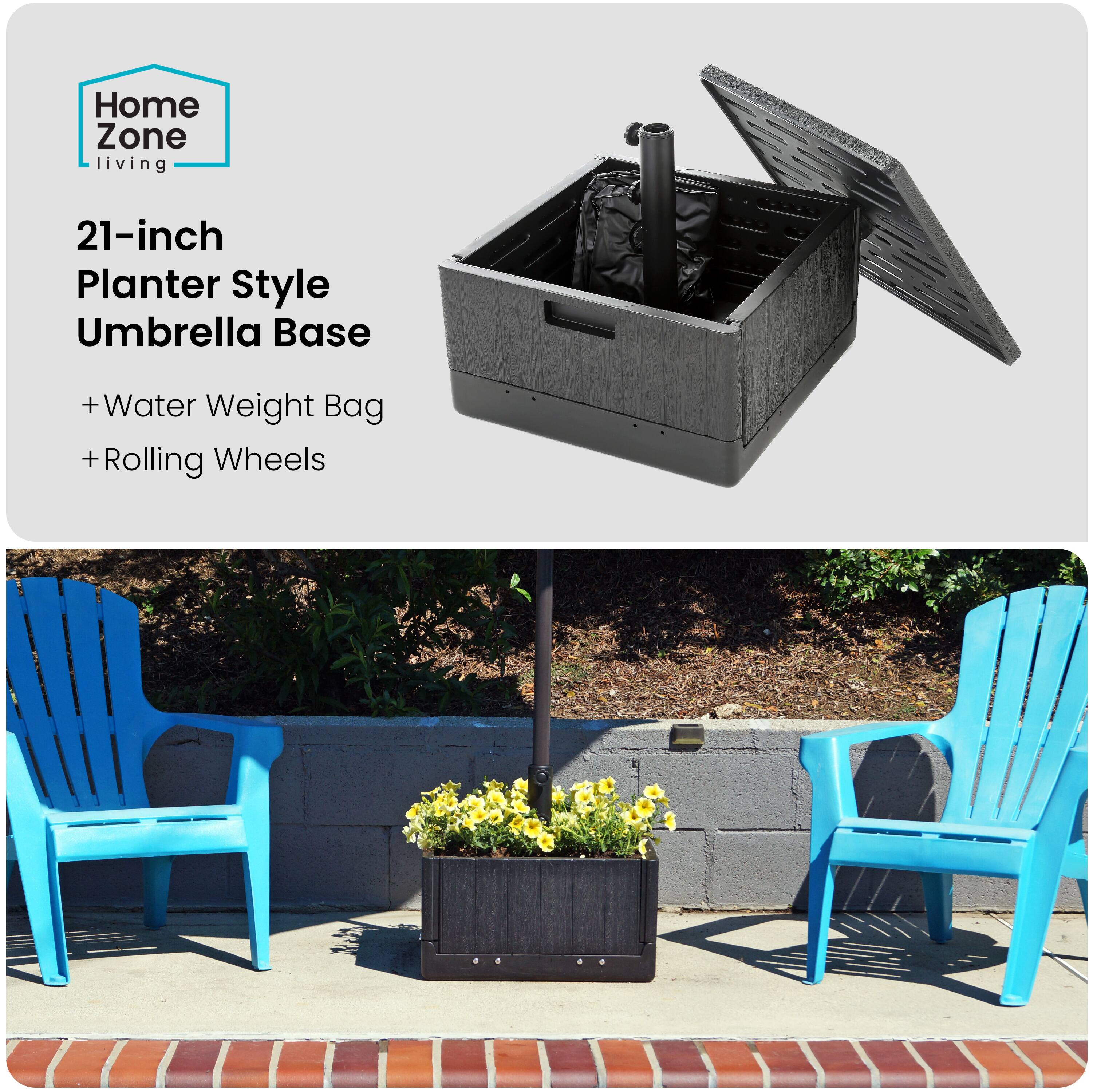 Home Zone Living  
21-inch Planter Style Umbrella Base  
+ Water Weight Bag  
+ Rolling Wheels