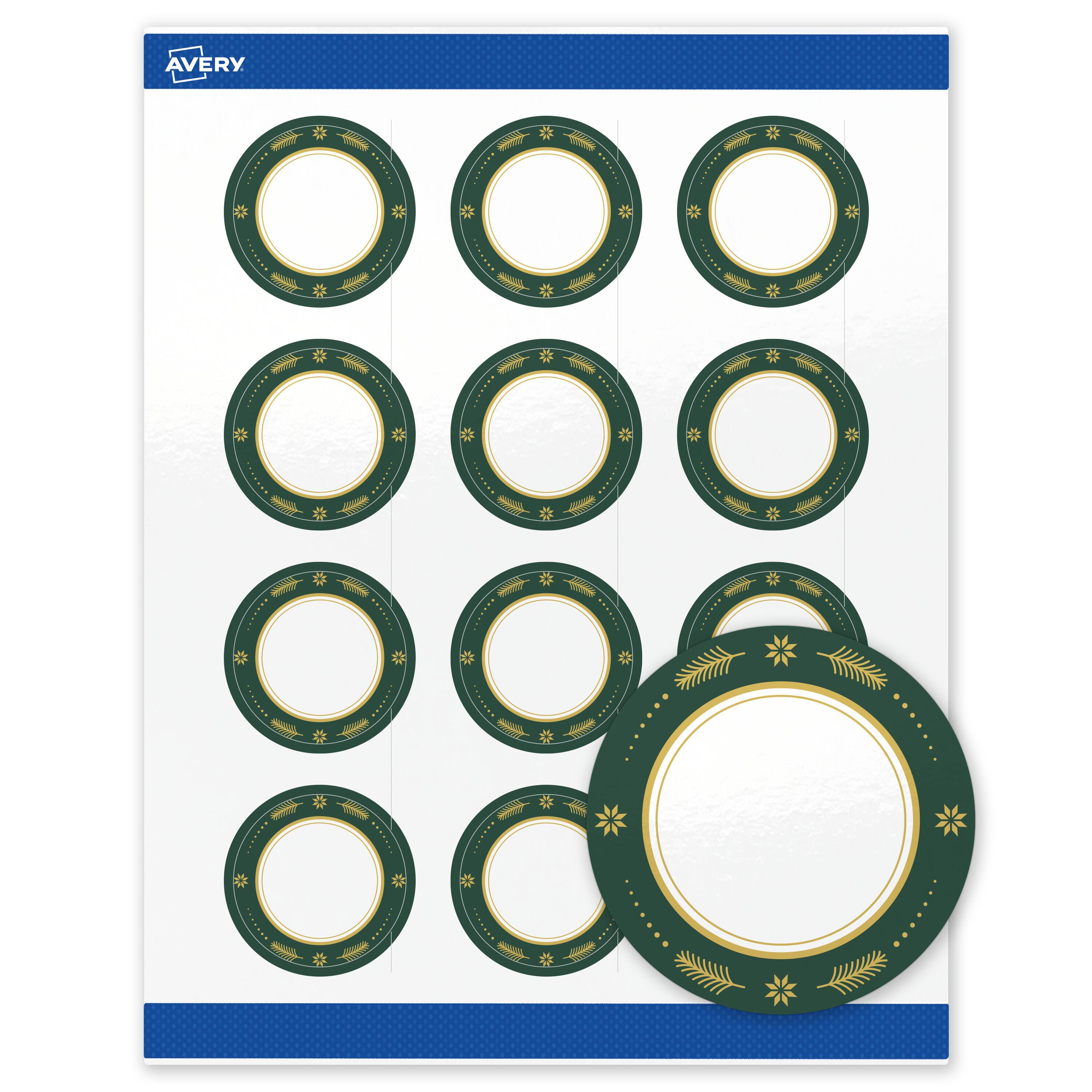 Front. Avery - Avery® Labels, 2" Diameter, Glossy White, Green & Metallic Gold Border - White.