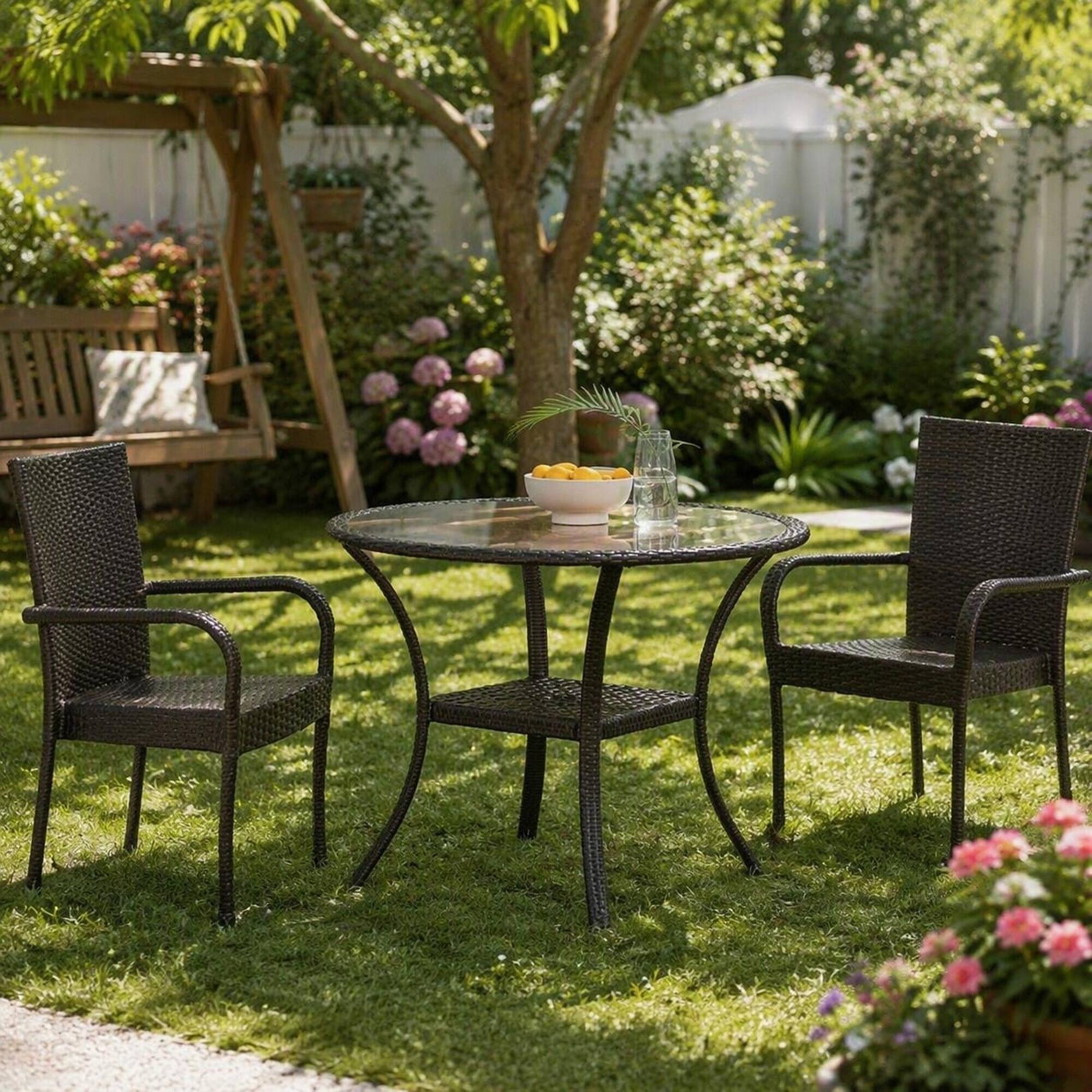 Alt View 2. RYHNUYNE - Outdoor Patio Coffee Table with Tempered Glass Top & Lower Shelf,Rattan Side Table for Garden Balcony Deck - Brown.
