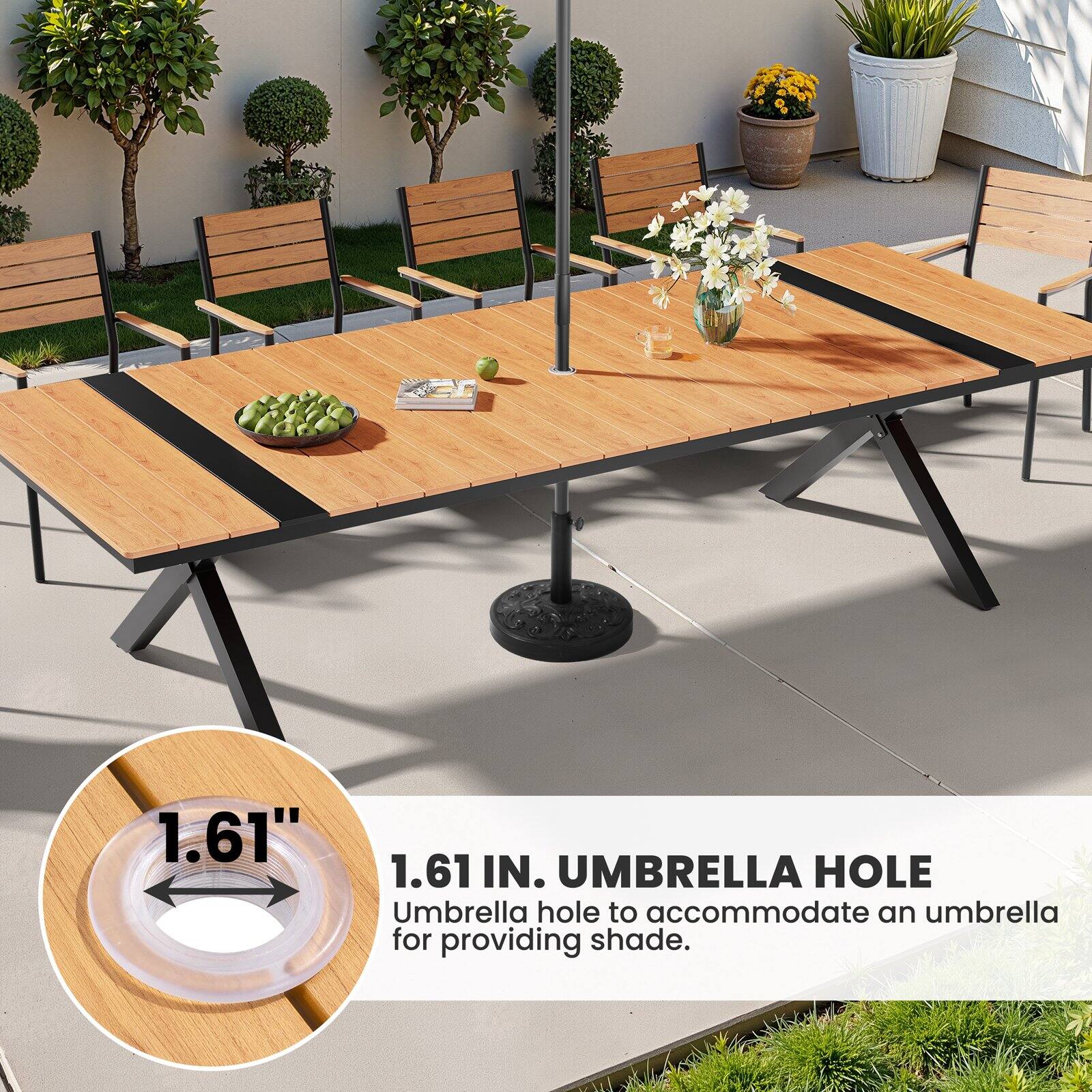 1.61 IN. UMBRELLA HOLE  
Umbrella hole to accommodate an umbrella for providing shade.