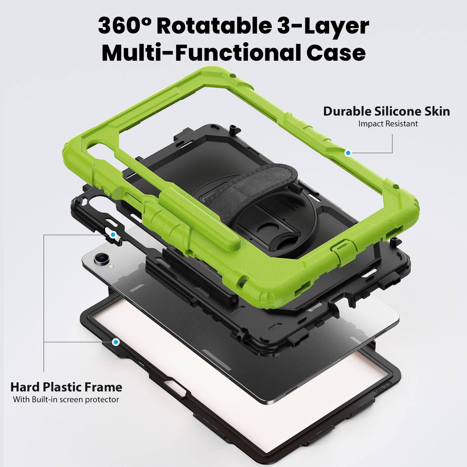 360° Rotatable 3-Layer Multi-Functional Case

Durable Silicone Skin
Impact Resistant

Hard Plastic Frame
With Built-in screen protector