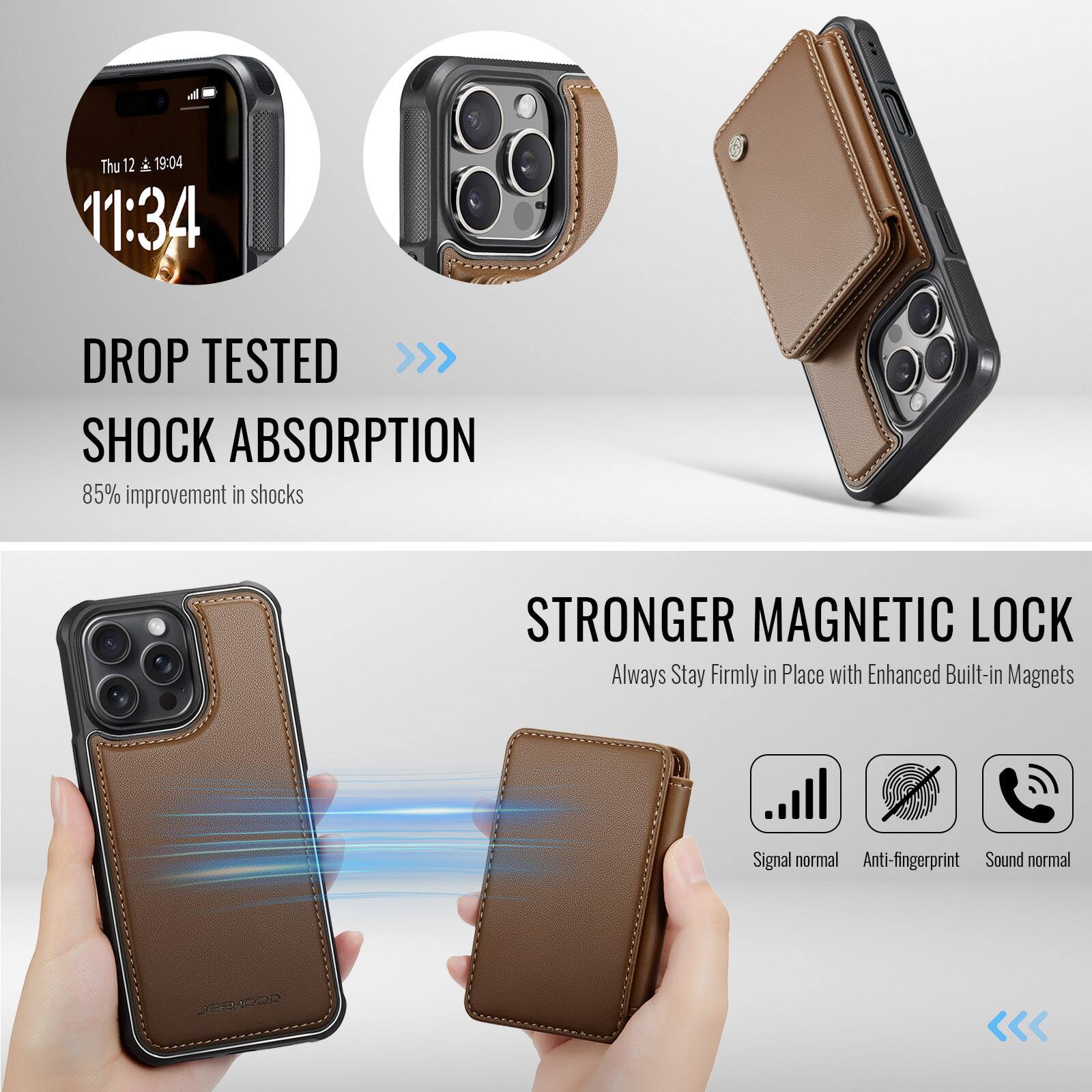 & Thu 12 19:04 11:34 DROP TESTED >>> SHOCK ABSORPTION 85% improvement in shocks STRONGER MAGNETIC LOCK Always Stay Firmly in Place with Enhanced Built-in Magnets Signal normal Anti-fingerprint Sound normal