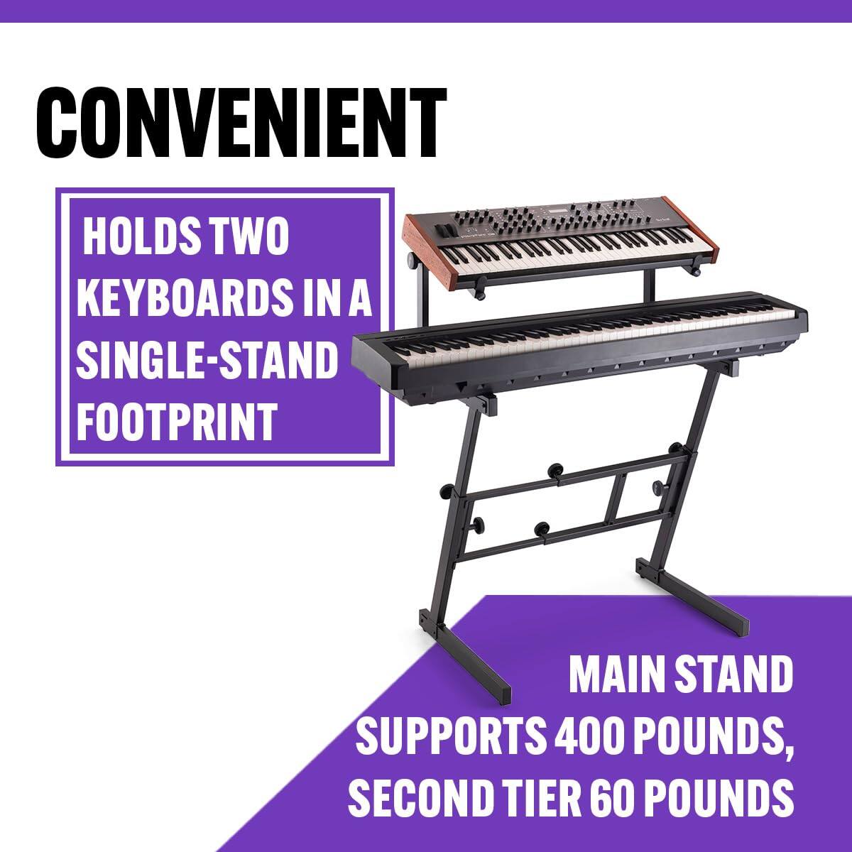 CONVENIENT  
HOLDS TWO KEYBOARDS IN A SINGLE-STAND FOOTPRINT  
MAIN STAND SUPPORTS 400 POUNDS, SECOND TIER 60 POUNDS