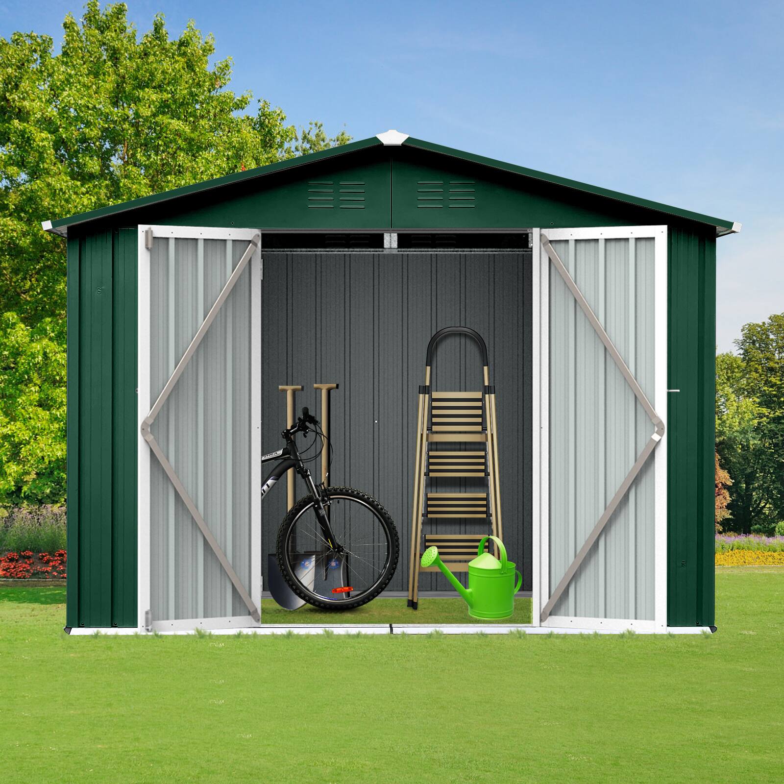Back. Anysun - 8x6ft Heavy-Duty Metal Storage Shed with Apex Roof, Hinged Door & Integrated Vents, Outdoor Tool Shed with Padlock - Green.